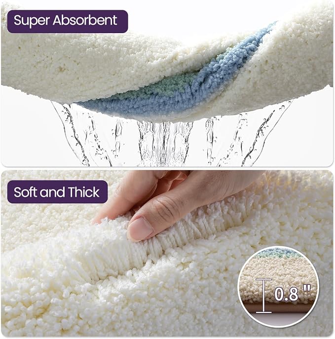 DEXI Bathroom Rugs 24x16, Absorbent Extra Soft Plush Microfiber Bath Mat for Bathroom, Non Slip Washable Bathmat Quick Dry for Shower Floor, Sink, Tub, Laundry Room, Beige and White