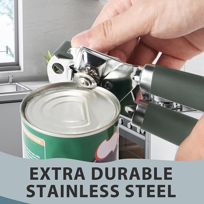 Safring Can Opener Manual, Heavy Duty Handheld Strong Can Opener with Soft Touch Handle, Sharp Blade Smooth Edge, Can Openers with Multifunctional Bottle Opener, Hunter Green