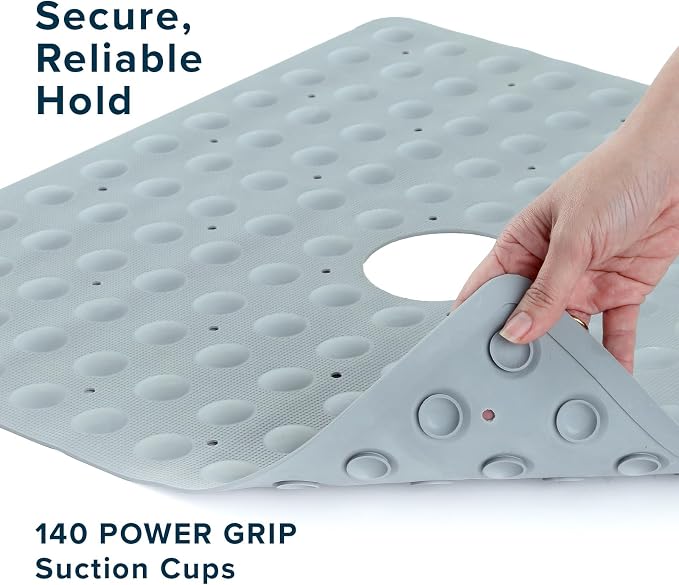 SlipX Solutions Square Natural Rubber Shower Stall Mat, 21” x 21”, Mildew Resistant, Non Slip Safety, Antimicrobial Product Protection, 140 Power Grip Suction Cups, Center Drain Hole, Gray
