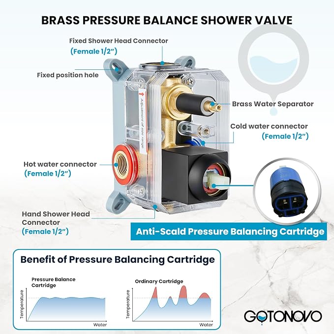 gotonovo Rainfall Bathroom Shower System Rain Shower Head and Handle Set Wall Mounted Shower Complete Combo Solid Brass Pressure Balancing Shower Mixer Valve 16 Inch Matte Black