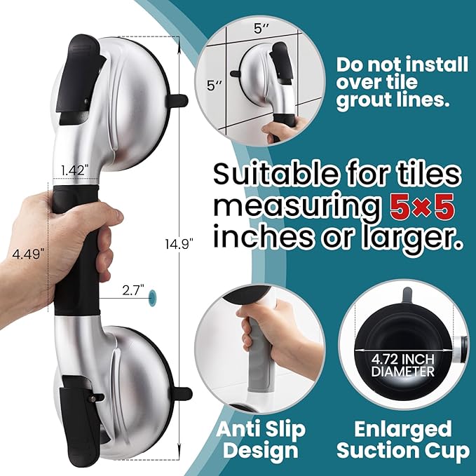 TAILI Grab Bars for Bathtubs and Showers, Shower Handles for Elderly Suction,Maximum 330lbs,Shower Grab Bar with Upgraded Rubber Suction Cups,Safety Grip for Senior, No Drilling Removable,Black