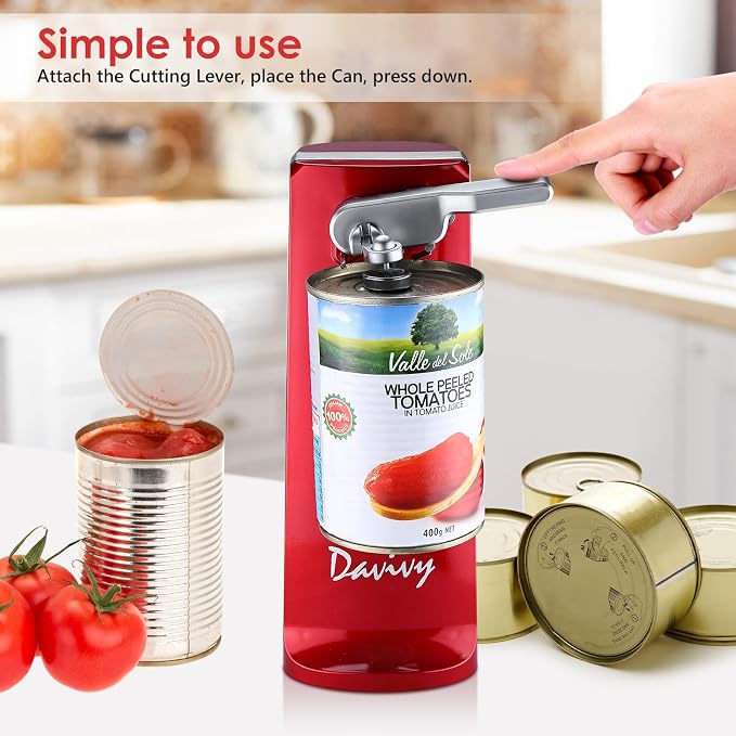 Davivy Electric Operated Can Opener for One Millet Opener, Removable Stainless Steel Cutter and 3-in-1 Design with Knife Sharpener and Bottle Opener (ABS-Red)
