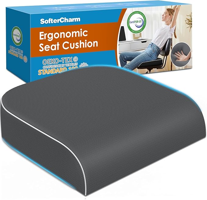Seat Cushion, Memory Foam Office Chair Cushions for Long Sitting Hours, Chair Pad for Sciatica, Coccyx, Tailbone, Hip Pain & Pressure Relief, Office, Home, Car Seats, Airplane, Gray/Large