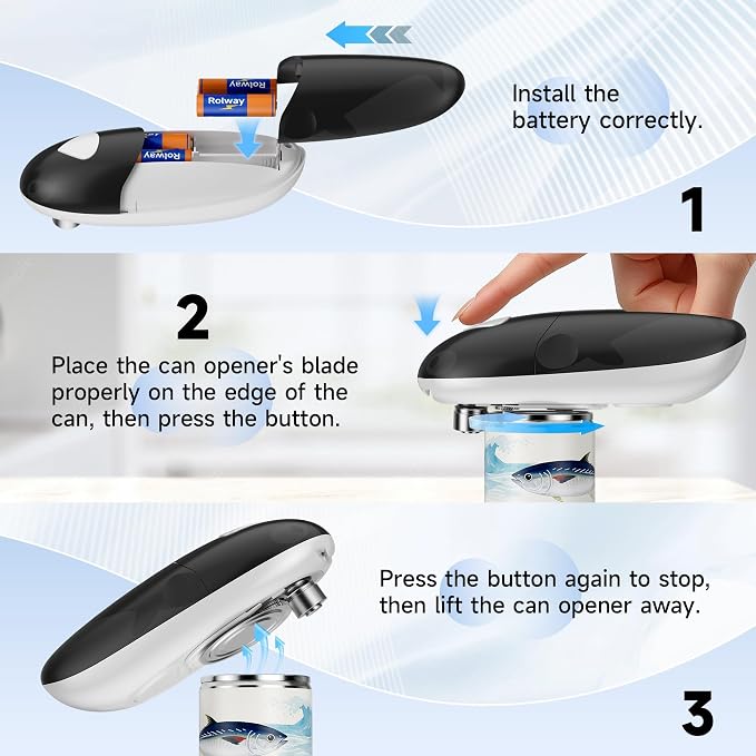 ROLWAY Can Opener, Easy Control Electric Can Opener with Non-Slip Design, Safe and Efficient Can Opener for Seniors, Smooth Edge, Hands Free for Home or Travel, Black