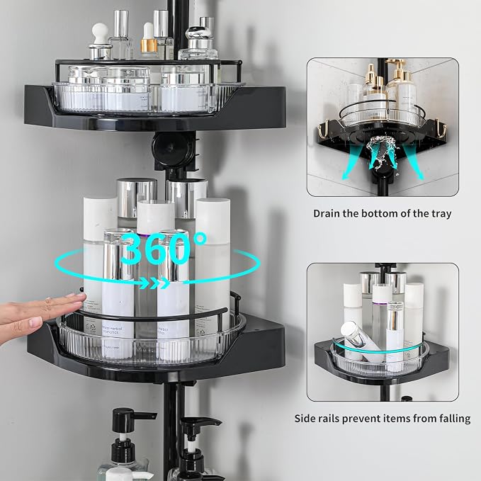 YCIA&DONE 360° Rotating Shower Caddy Tension Pole, 4 Tiers Corner Shower Organizer for Bathroom Shelf Bathtub, Adjustable Standing Shower Rack, Easily Assemble, 34-124 Inch Height, Black