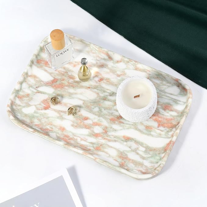 Koville Marble Tray, 12"x8" Marble Vanity Tray for Countertop Bathroom Kitchen Dresser, Decorative Catchall Trays for Perfume Jewelry, Rectangular Stone Serving Tray(Rosso Norvegian)