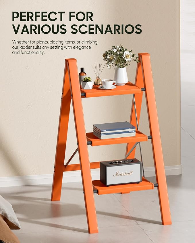 HillhutApex 3 Step Ladder, Lightweight Portable 3 Step Stool with Anti-Slip Wide Pedal, 330lbs Capacity Aluminum Ladder for Household,Office,Kitchen(Orange)