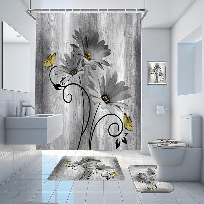 Onalasyc 4PCS Grey Daisy Flowers Butterfly Shower Curtain Set with Shower Curtain and Carpet and Accessories, Waterproof Bathroom Shower Curtain Decorative Set with 12 pcs Hooks,71 x 71in