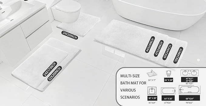 MINIDEAR Bathroom Rugs 70x24 Pure White - Thick Memory Foam Bath Mat, Ultra Soft & Plush Fluffy, Non-Slip, Quick Dry, Absorbent Washable Floor Mat for Tub, Toilet, Home Decor Accessories