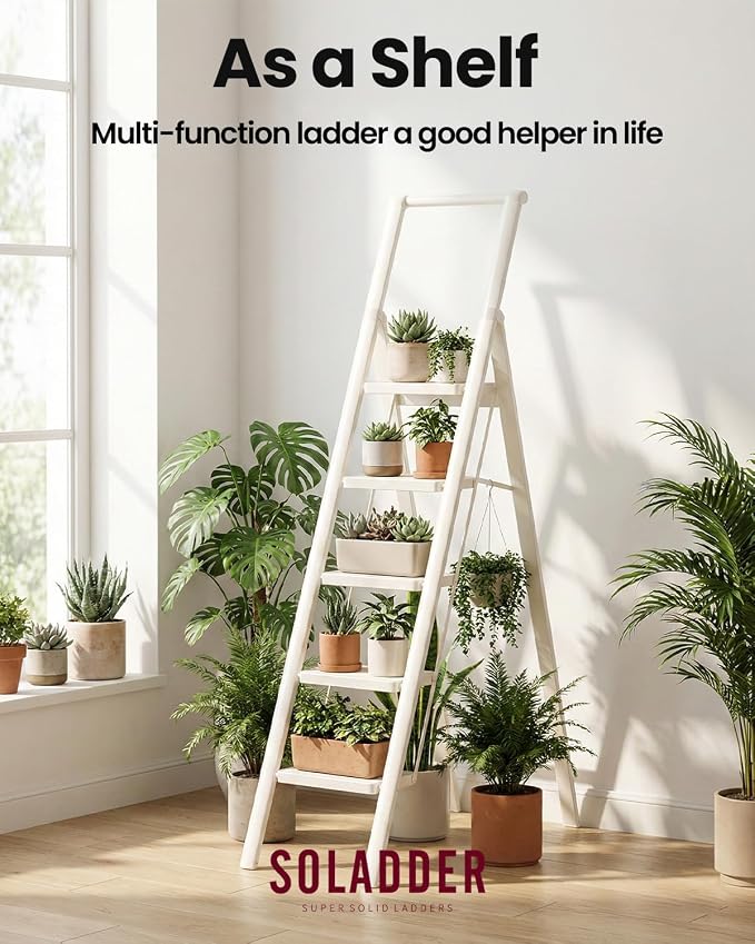 SOLADDER 5 Step Ladder, Folding Step Stool, White Foldable Iron Ladder for 10 Foot High Ceiling with Anti-Slip Wide Sturdy Pedal and Handgrip, Multi-Use for Home (300 lbs Capacity)