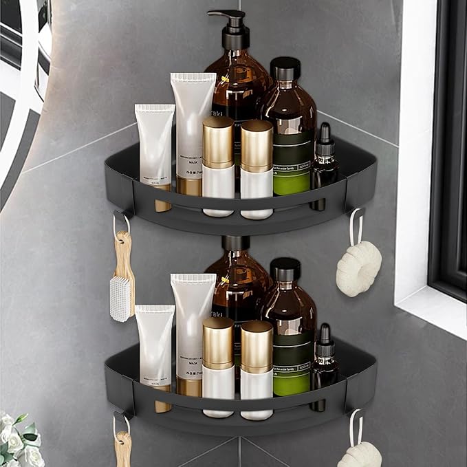 NearMoon Bathroom Shower Caddy 2 Pack, 304 Stainless Steel Shower Organizer with 2 Hooks, No Drill (Corner Shelf, Matte Black)