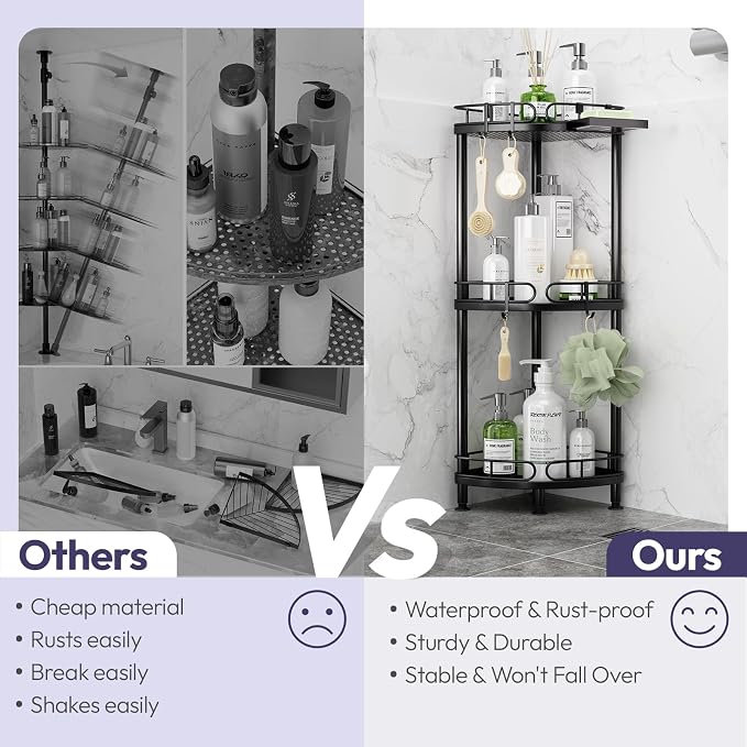 SWTYMIKI Corner Shower Caddy Standing - 3 Tier Rustproof Metal Shower Organizer Stand with Soap Holder and 4 Hooks, Freestanding Floor Shower Storage Stands for Bathroom, Black