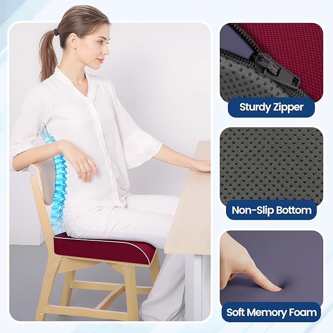 SweetSlubr Seat Cushion for Tailbone Pain Relief, Office Chair Cushion, Memory Foam Large Chair Cushion with Non-Slip Cover for Soft Support at Office Chair, Car Seat, Airplane Red/Large