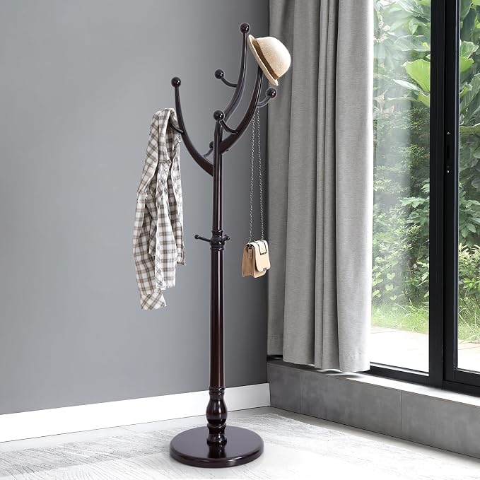 Bekrvio Tree Coat Rack Freestanding with Round Base, Unique Coat Hanger Stand, Heavy Duty Standing Coat Rack Clothes Stand for Winter Jacket, Hat, Entryway/Hallway/Bedroom, Red Brown