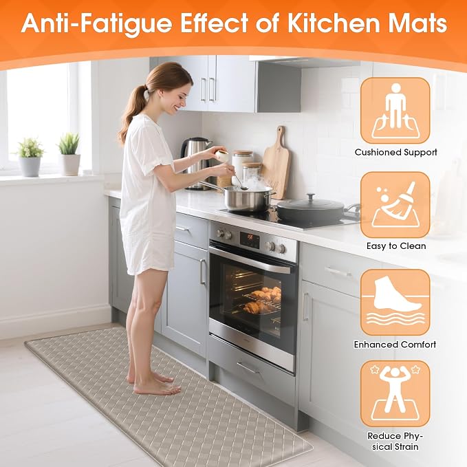 TranquilRelax Kitchen Mats, 2PCS Kitchen Rugs, Cushioned Anti Fatigue Kitchen Mats for Floor, Non-Slip Standing Sink Mat, Waterproof Kitchen Rug Set for Kitchen Floor Office,17.3"×30"+17.3"×47" Brown