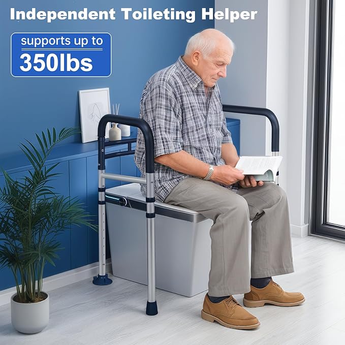 Toilet Safety Rails (350 LB) – Adjustable, Foldable Toilet Handle Frame for Elderly & Disabled Adults, Supports All Toilet Types (Lake Blue)