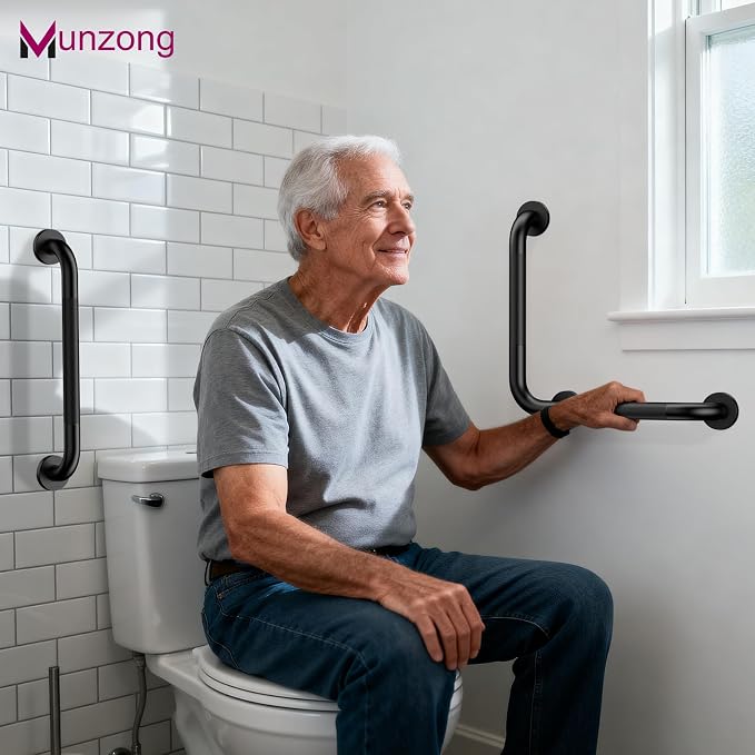 16 Inch L-Shaped Black Bathroom Grab Bars with 20 Inch Straight Munzong Toilet Handicap Grab Rail,Anti Slip Stainless Steel Knurled Safety Handle Support Elderly Injury Senior
