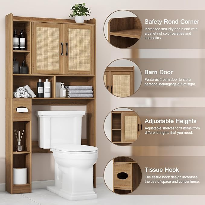 Farmhouse Rattan Storage Cabinet Over Toilet - 2 Door with Toilet Paper Holder - Space-Saving for Bathroom, Oak
