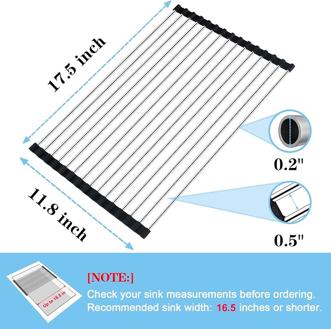 Seropy Roll Up Dish Drying Rack Over the Sink Drying Rack for Kitchen Counter, Rolling Dish Rack Over Sink Mat, Foldable Dish Drainer Stainless Steel Rack Kitchen Organization Gadgets 17.5"x11.8"