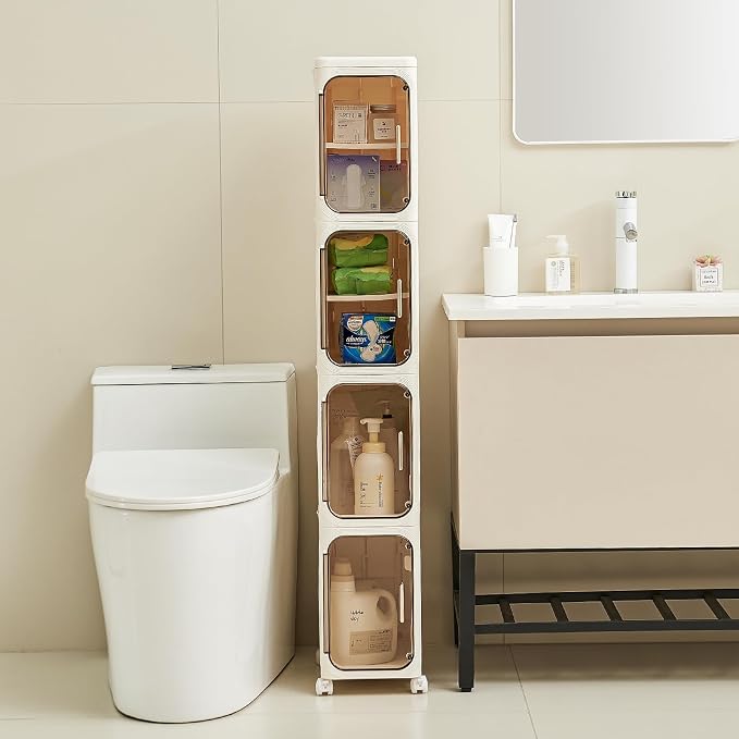 UFORU 4-Tier Tall Narrow Storage Cabinet- Plastic Slim Bathroom Storage Organizer with Magnetic Doors,Adjustable Shelves&Movable Wheels, Foldable Skinny Cabinet for Small Spaces,Kitchen