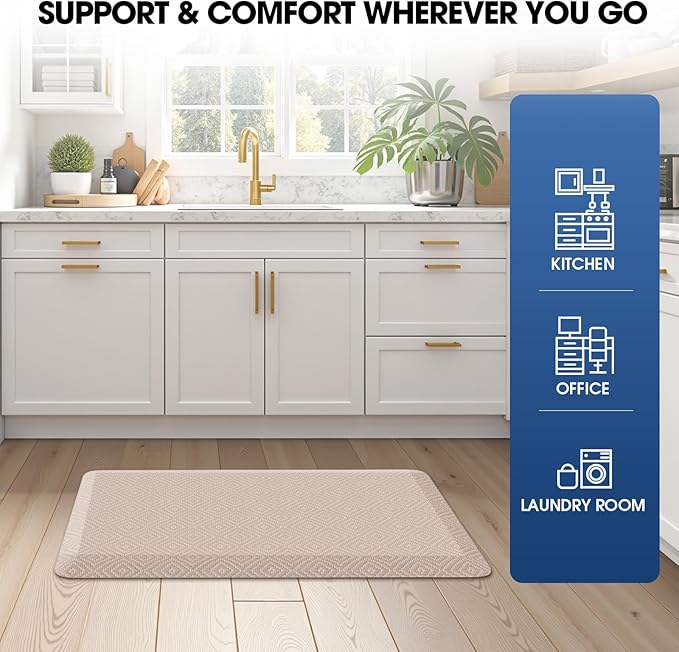 Mattitude Kitchen Mat Cushioned Anti-Fatigue Floor Mat Water Resistant Non-Slip Mats and Rugs Standing and Comfort Desk Mats for House Sink Office Laundry (Beige, 17.3"x28")
