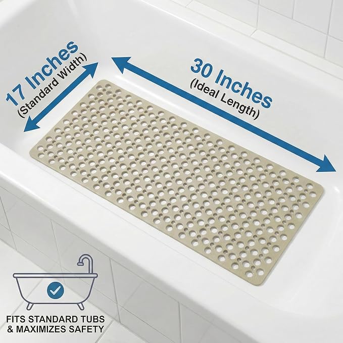Nonslip Bathtub Mat Extra Soft TPE Bath Mat for Kids, Machine Washable Bathroom Shower Mat, Smooth/Non-Textured Tubs Only, 30L x 17W Inch (Light Brown)