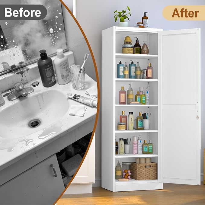 Tall Metal Narrow Bathroom Storage Locker Cabinet 67" H, Tall White Pantry Cabinets with 5 Adjustable Shelves and Lockable Doors for Kitchen, Home Office, Living Room, Dining Room