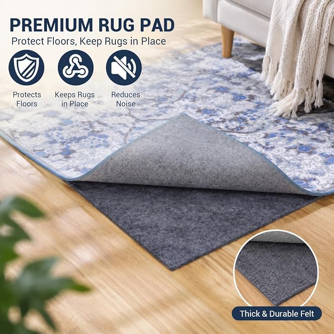 Non Slip Rug Pad 3x5 Ft, 1/8 Inch Thin Felt & Rubber Backing, Non Skid Rug Gripper for Hardwood Floors, Anti-Slip Carpet Pad for Area Rugs, Floor Protection, Moisture Resistant & Easy Trim