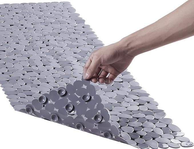 Webos Bath Shower Mat Non Slip: Extra Large Pebble Bathtub mat for Families, Anti Slip Shower Matt with Drain Holes Suction Cups Tub Mat - 16 X 40 Inch Grey
