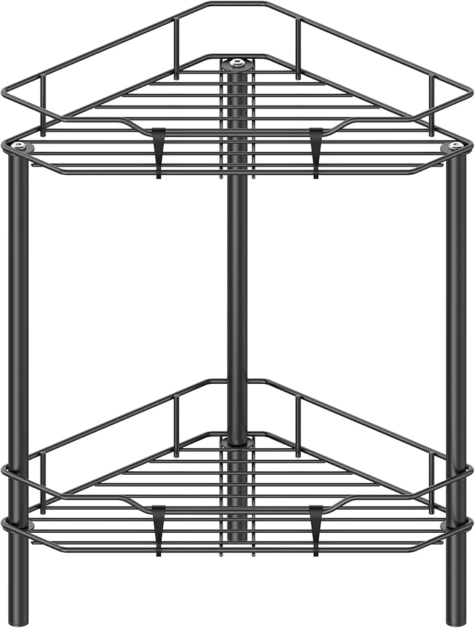 HuggieGems 2 Tier Floor Standing Corner Shower Caddy Organizer Shelf with Hooks, Bathroom Shelves Stand Rack, Black