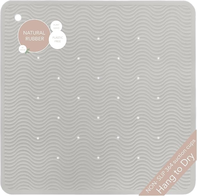 HEVEA Natural Rubber Wave Bath Mat – Square 21x21 in - Non-Slip Shower & Bathtub Mat with 364 Suction Cups, Plastic-Free & Biodegradable (Granite)