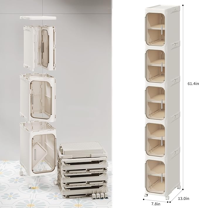 LXLXXL 5-Tier Narrow Storage Cabinet Slim Bathroom Storage Cabinet with Movable Wheels Tall Bathroom Organizer Skinny Cabinet for Small Spaces，Beige