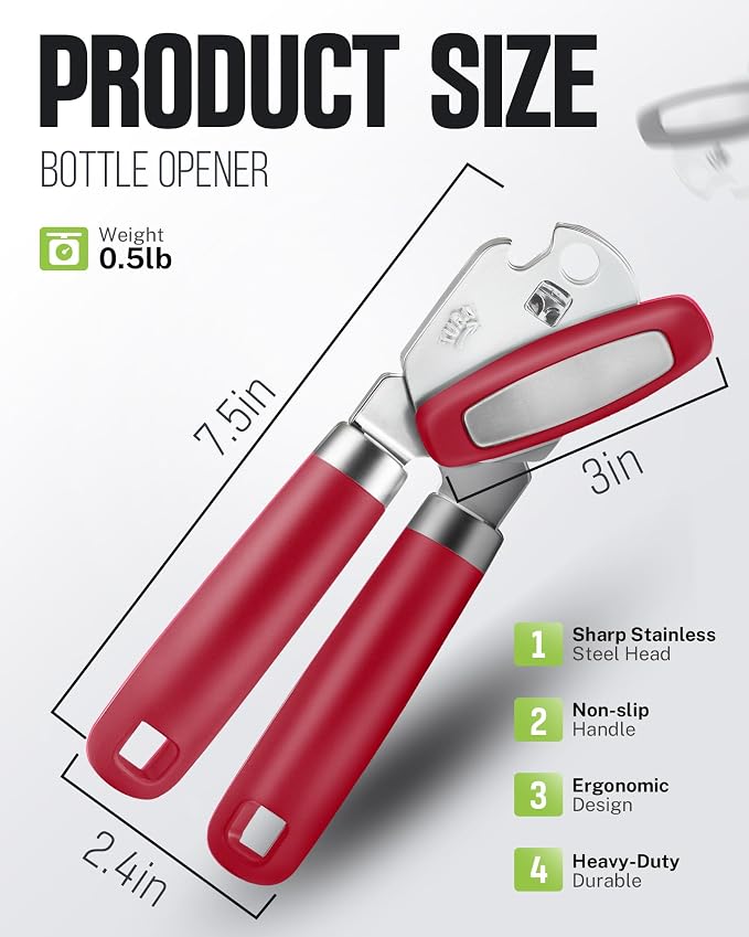 Multifunctional Can Opener Manual, Durable Heavy Duty Handheld Strong Can Opener with Smooth Cutting Edge, Friendly Kitchen Essentials Tool for Seniors, Camping and Bottle Opening-Red