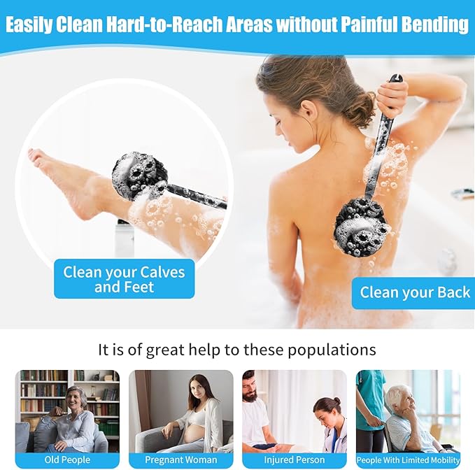 VANZAVANZU Loofah Sponge Set Loofah Exfoliating Body Scrubber, Anti-Slip Plastic 17" Handle Loofah on a Stick with Fluffy Shower Sponge, PE Soft Mesh Shower Loofahs-Black
