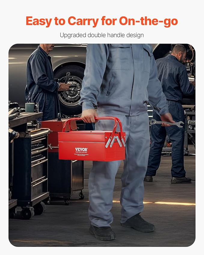 VEVOR Metal Tool Box, 14-inch, 2-Tier 3-Tray Portable Folding Tool Chest Organizer with Handle & Lock Hole, Powder Coated Steel, Cantilever Toolbox for Household Factory Warehouse Repair Shop, Red