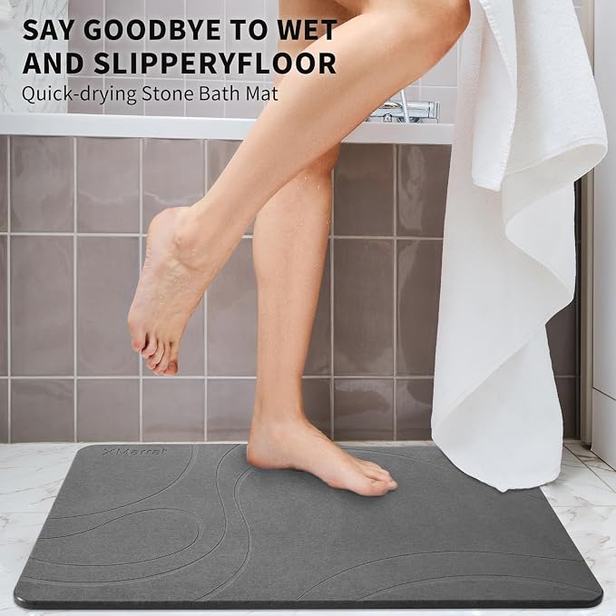 XMarrat Stone Bath Mat, Diatomaceous Earth Bath Mat, Super Absorbent Quick Drying Stone Bath Mats for Bathroom, Non-Slip Bath Stone Mat, Natural Stone Shower Mat, Easy to Clean(23.6 x 15.4 Dark Grey)