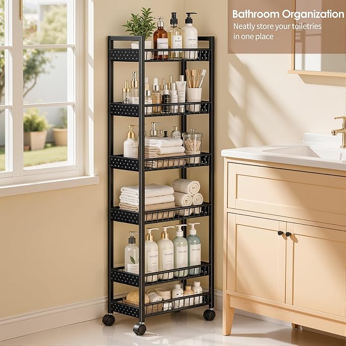 6 Tier Slim Storage Cart, Narrow Rolling Cart with Wheels, Narrow Mobile Utility Shelf Unit Organizer for Kitchen, Bathroom, Laundry Room, Living Room, Small Places, 6in(W), Black