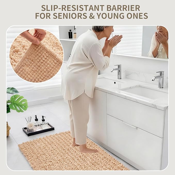 Bathroom Rugs Non Slip Washable 36x24, Extra Thick Soft Chenille Absorbent Bath Mat, High Density Barrier Non Slip Backing, Quick Dry Plush Shaggy Floor Carpet for Tub&Shower, Beige