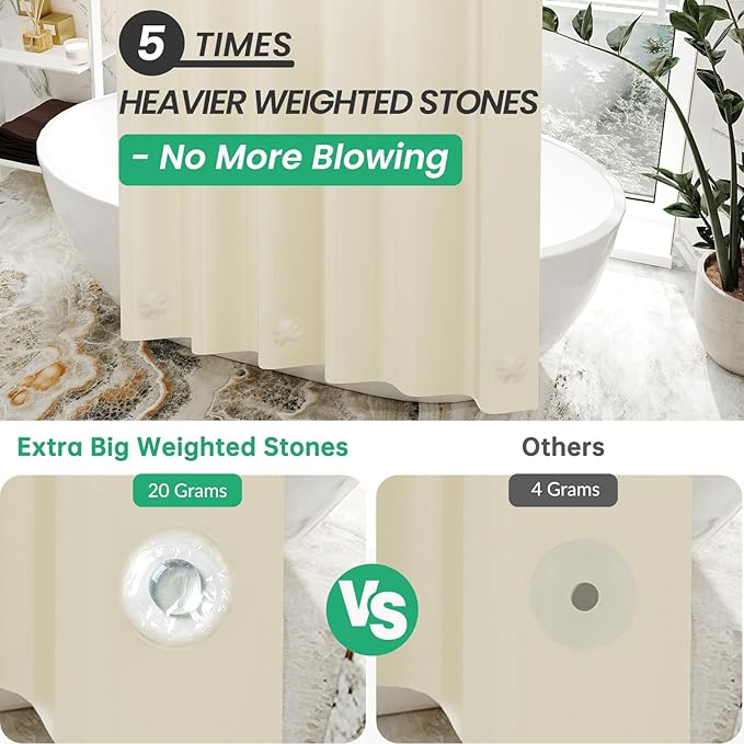 AmazerBath Plastic Shower Curtain Liner, 72 x 78 Inches PEVA Beige Shower Curtain with Heavy Duty Clear Stones and Grommet Holes, Waterproof Thick Bathroom Plastic Shower Curtains