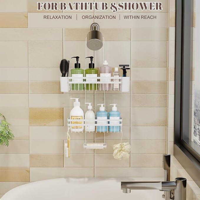 Shower Caddy Hanging for Bathroom Organizers and Storage, 3 Tier Adjustable Anti-Swing Shower Organizer hanging with Heavy-Duty Suction Cups, Damage-Free Rustproof (White)