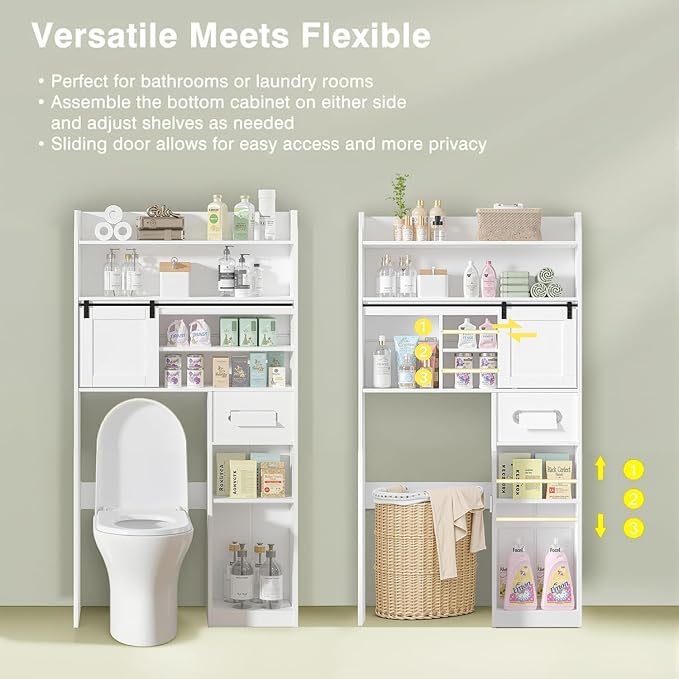 VECELO Over The Toilet Storage Cabinet with Sliding Doors, 63.8" Toilet Organizer with Adjustable Shelves, Paper Holder and Racks, for Bathroom Laundry, White