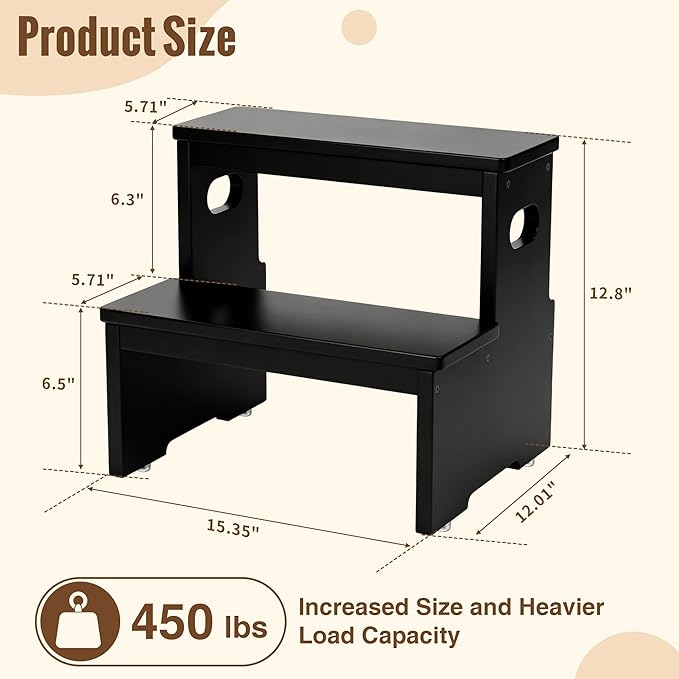 Two Step Stool for Adults and Kids, 450lbs Heavy Duty Step Stool, Bamboo Step Stool for High Beds, Portable Helper Step Stairs for Kids, for Kitchen, Bathroom, RV, Bedside Step Stool, Black
