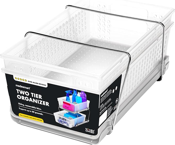 madesmart 2 Tier Bath Organizer,Undersink Storage with Sliding Drawers,for Cleaning Supplies, Pantry, Sponges,Bottles&Kitchen Essentials,Adjustable Dividers&Pull Out Sliding Baskets,Frost, (Pack of 2)