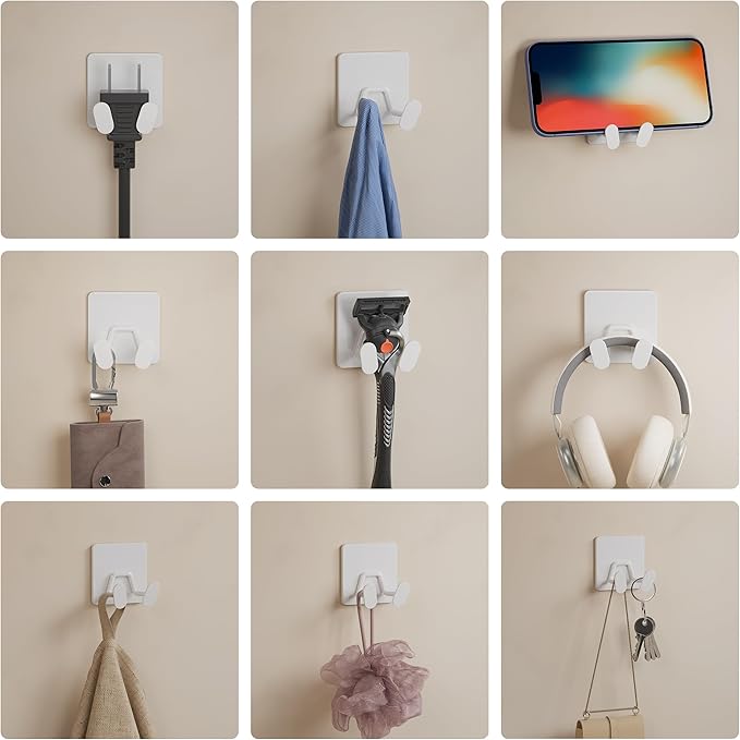 susswiff Adhesive Shower Hooks for Inside - Extra Sticky Stainless, Razor Holder Shower Accessories, Wall Mounted Self-Adhesive Double Hooks for Razor, Loofah, Towel, Shaver, Coat, Key, White, 4 Pack