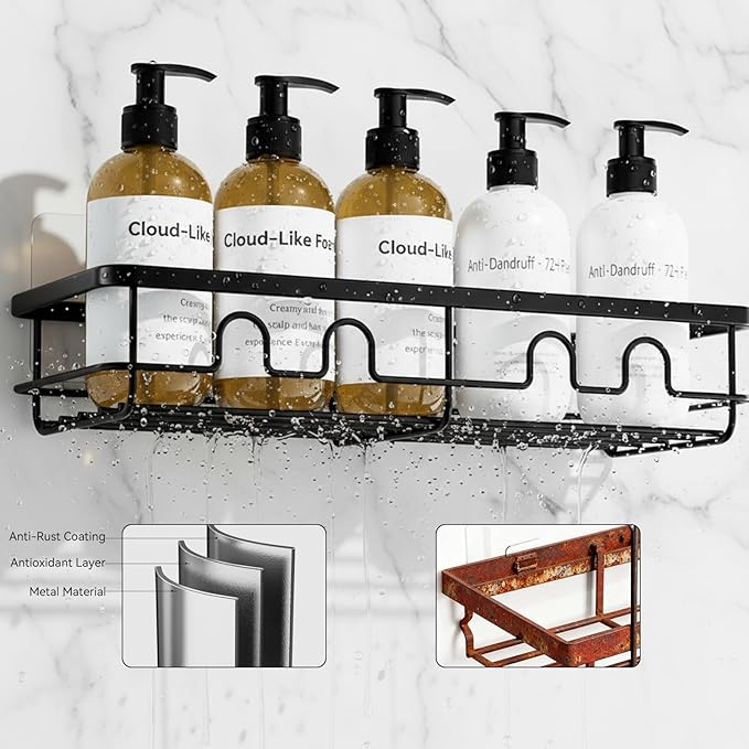 Adhesive Shower Caddy, Large Capacity Shower Racks for Inside Shower, No Drill Bathroom Shower Organizer and Storage, 4 Pack Black Bathroom Shelves, Home Decor Rv Accessories, Apartment