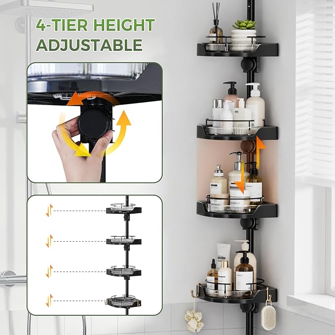 akinbas 360° Rotating Shower Caddy Tension Pole with 4-Tier Rustproof Lazy Susan 35-128 Inch No Drilling Coner Shelves Adjustable Shower Rack for Bathroom Bathtub Washbasin Plant Storage (Black)