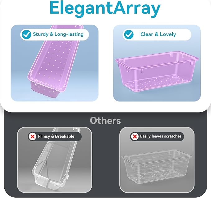 ElegantArray 12-Piece Drawer Organizer Set, 4 Sizes Versatile Plastic Vanity Organizer for Makeup, Stationery, Gadgets, in Kitchen, Bathroom, Office, and Bedroom, Purple