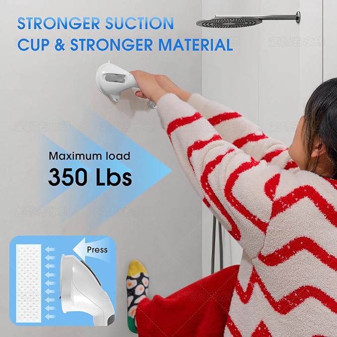 Suction Grab Bar with Safety Indicator for Bathtub Shower Bathroom, Heavy Duty Handrail Removable Reusable for Elderly Disabled and Kids, Anti-Slip Grip, No Drilling Tool Free, Waterproof Grey