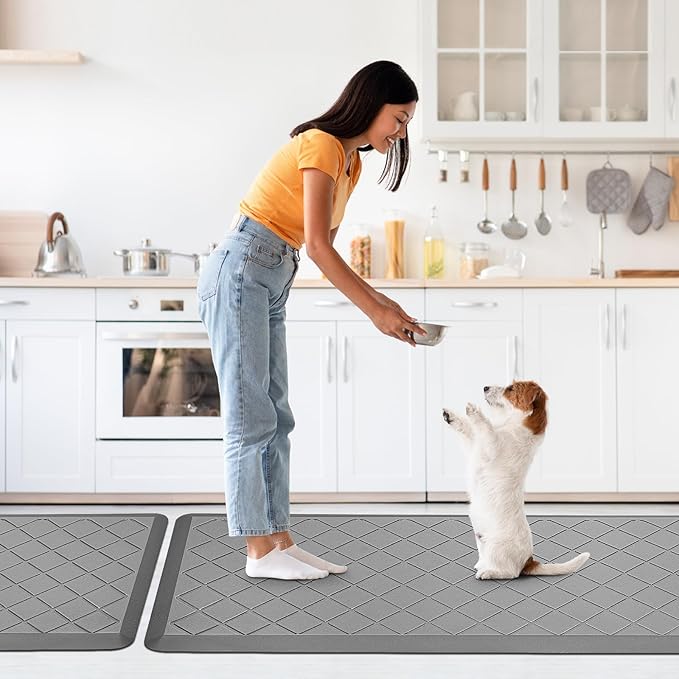 Cushioned Kitchen Mat 2 PCS, Anti Fatigue Kitchen Rugs, Heavy Duty Non-Skid, Ergonomic Comfort Foam Kitchen Floor Mat for Home, Office, Sink, Laundry - Grey