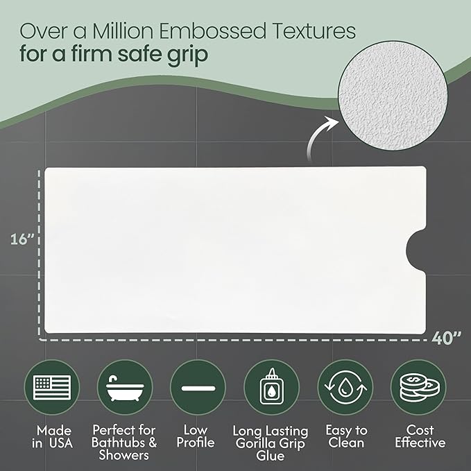 Peel and Stick Bathtub Mat - White Adhesive Vinyl Anti Slip with Drain Cut Out - Non Slip Shower Bath Mat - Extra Long Bathroom Accessory for Wet Area 16" X 40" - White